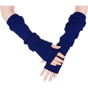 Women's Navy Blue Soft Cozy Arm Warmers Fingerless Knitted Long Gloves Winter